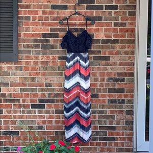 Long casual dress: Navy lace and patterned bottom